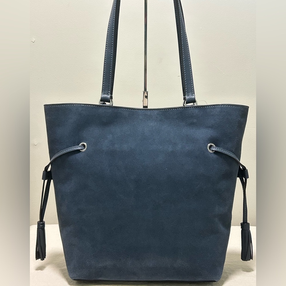 COACH Andy Suede and Pebble Leather Tassel Cinch Tote in Denim Blue NWT - Picture 3 of 12
